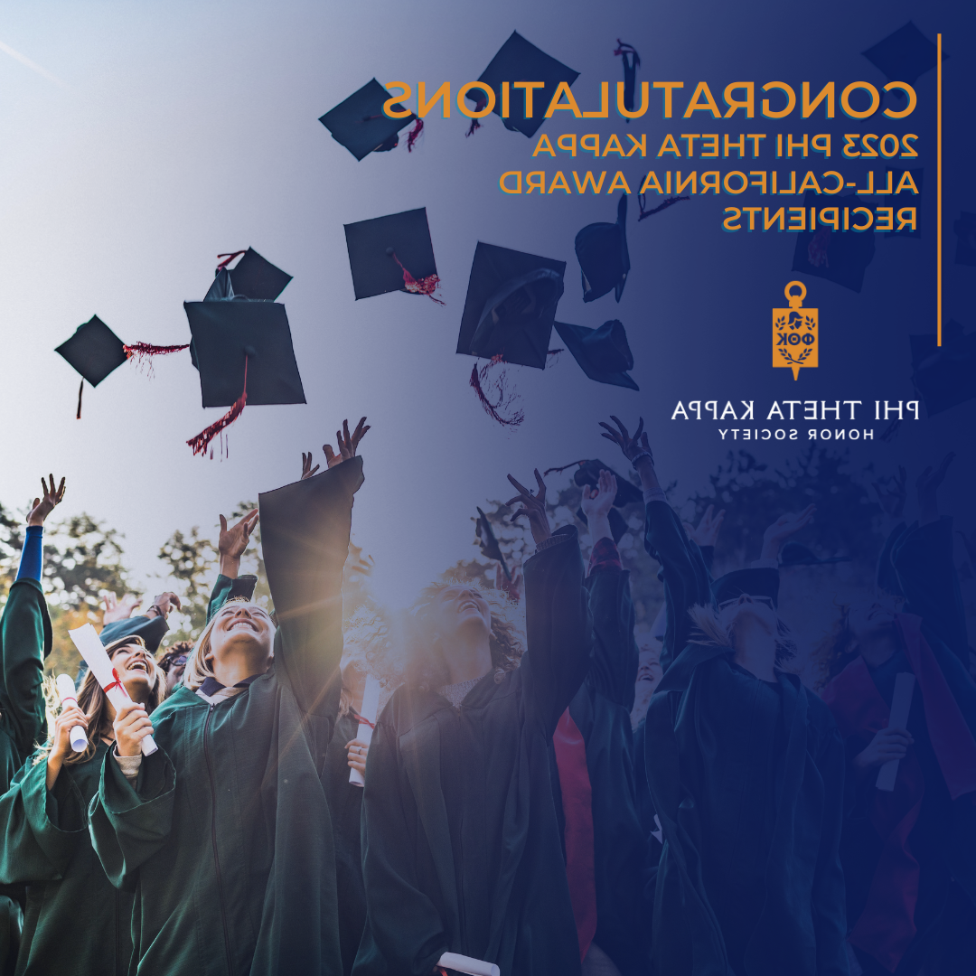 a group of graduates throwing their caps in the air. Text over the image reads "Congratulations 2023 Phi Theta Kappa All-California Award Recipients.”