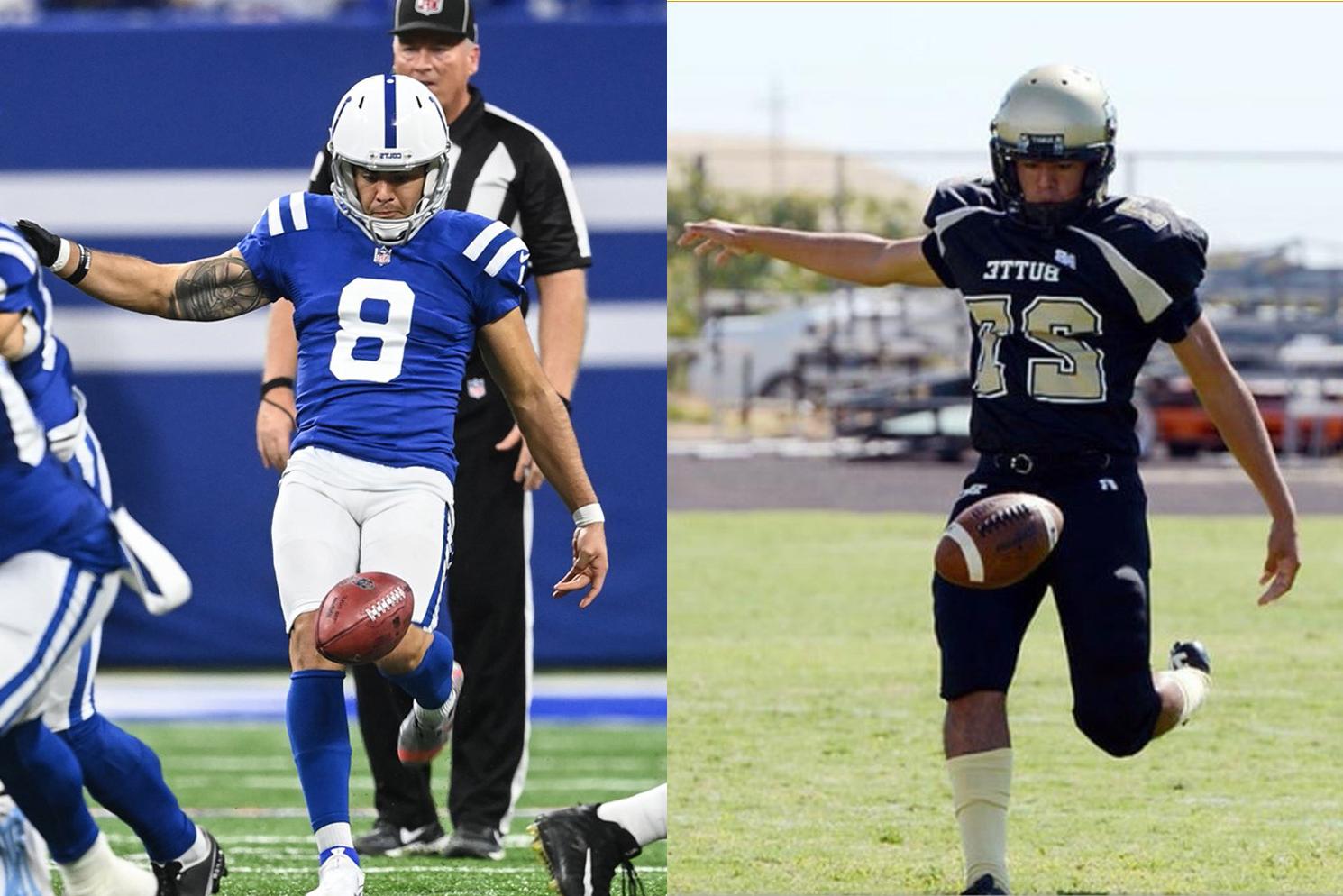 Side by side photos of Rigoberto Sanchez kicking a football